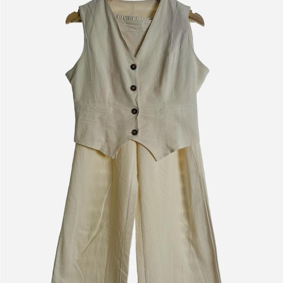 Women’s Generic linen 2 piece sets V Neck wide leg pants color cream Medium - Picture 6 of 9